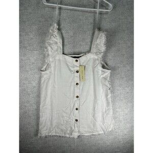 NWT Doe and Rae Womens Tank White Linen Blend Size Large Fringe Detail